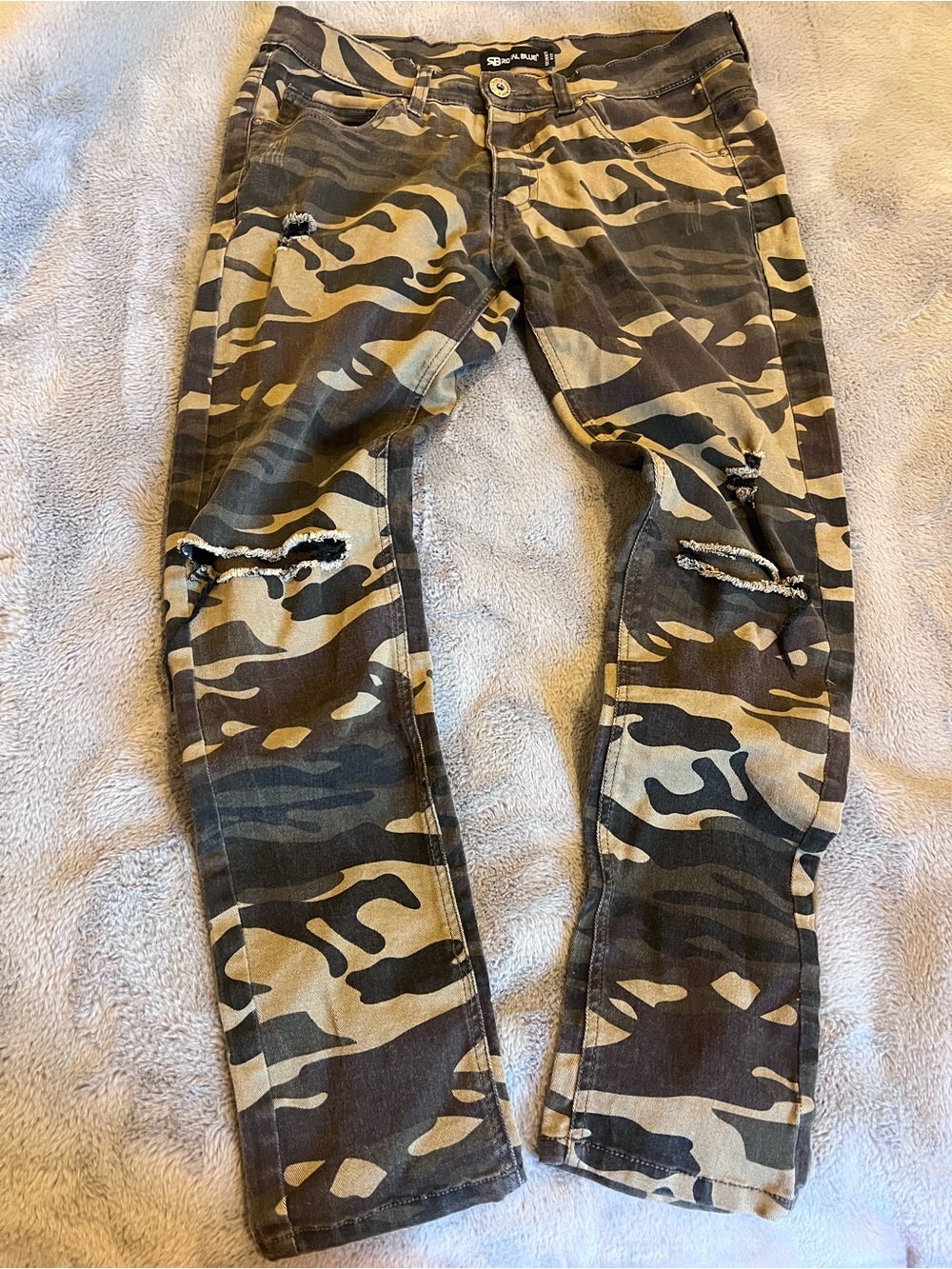 Royal Blue Men’s Camo Denim Jeans Skinny Fit Distressed Stretch 32/30